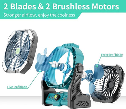 20000mAh Battery Powered Fan Rechargeable,Rechargeable Portable Camping Fan with Light,270°Rotation Battery Operated,USB Camping Essentials Tent Battery Fans Portable X26 Cyan