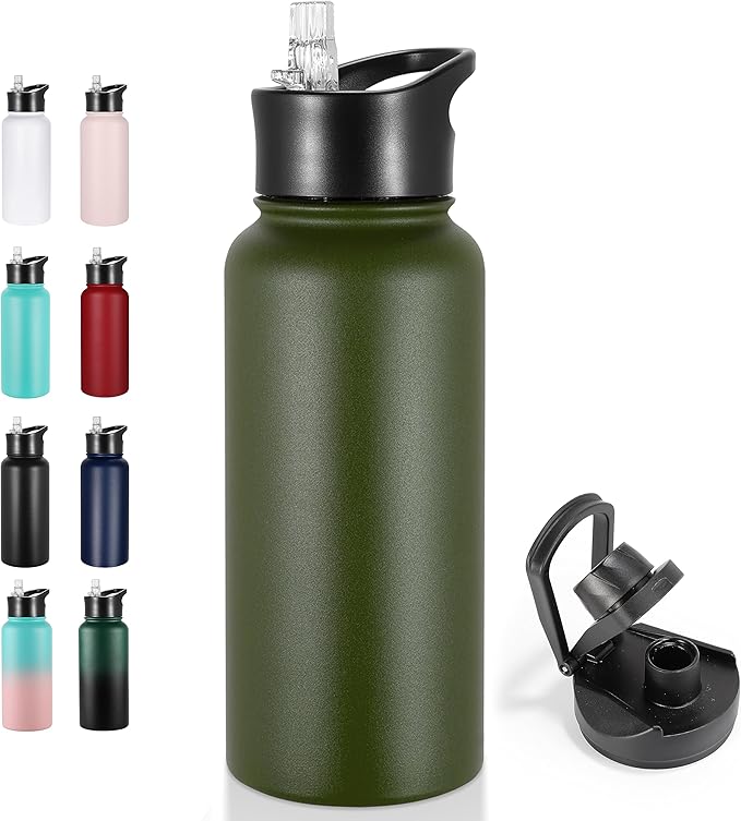 VEGOND 32 oz Insulated Water Bottle Stainless Steel Metal Water Bottles with Leak Proof Straw Lid & Spout Lid, Wide Mouth Double Walled Vacuum Travel Sports Bottle, Army Green
