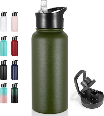 VEGOND 32 oz Insulated Water Bottle Stainless Steel Metal Water Bottles with Leak Proof Straw Lid & Spout Lid, Wide Mouth Double Walled Vacuum Travel Sports Bottle, Army Green