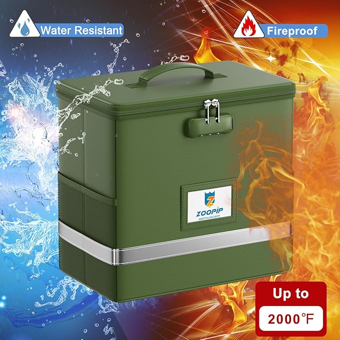 Fireproof File Box with Lock, Document Box Storage Organizer, Suitable for Hanging File Folders in Letter Size, Collapsible File Box, Reflective Strip for Fast Find (12.2"*6"*10.2, Green)