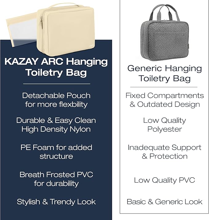 KAZAY Hanging Toiletry Bag with TSA Approved Detachable Pouch, Travel Toiletry Bag, Water Resistant, Premium Nylon, Full-Size Bottles, Travel Size Toiletries, Cosmetic Bag, Unisex (Beige)