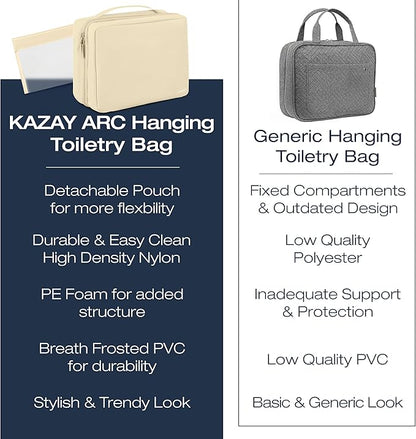 KAZAY Hanging Toiletry Bag with TSA Approved Detachable Pouch, Travel Toiletry Bag, Water Resistant, Premium Nylon, Full-Size Bottles, Travel Size Toiletries, Cosmetic Bag, Unisex (Beige)