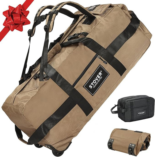 STOVER 80L Rolling Duffel Bag with Wheels, Large Durable Travel Duffle + Toiletry Bag, Heavy Duty, Packable, Foldable with Shoulder Straps- Use as Luggage or Backpack, Men/Women (Tan)
