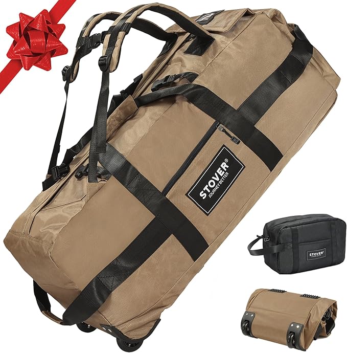 STOVER 80L Rolling Duffel Bag with Wheels, Large 31 Inch Durable Travel Duffle Bag + Toiletry Bag, Heavy Duty, Packable, Foldable w/Shoulder Straps- Use as Luggage or Backpack, Men/Women (Tan)