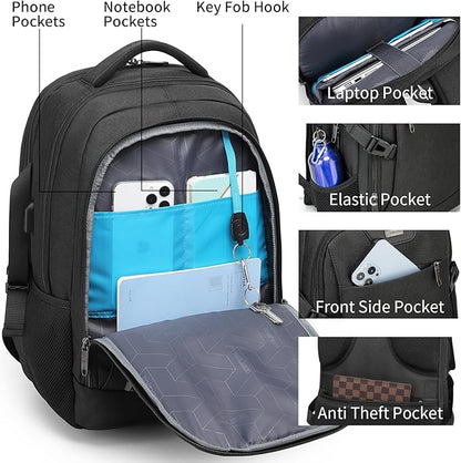 DUSLANG Anti-Theft Laptop Backpack, Black, 15.6-14-13 Inch Laptop Sleeve, USB Charging Port and Clear Cosmetic Toiletry Bag