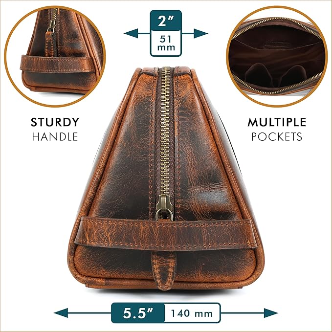 ELIZO Premium REAL Leather Toiletry Bag for Men Dopp Kitt Hanging Mens Toiletry Large TSA Toiletries Bag Shaving Grooming Bag Organizer