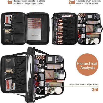 Relavel Large Makeup Organizer Profession Makeup Bag Extra Large Makeup Case with Adjustable Dividers, Adjustable Angle Fixed Belt and Shoulder Strap Plastic Dividers