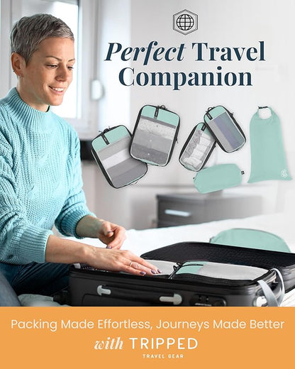 Compression Packing Cubes for Travel by TRIPPED – 6-Piece Premium Set with Laundry & Shoe Bag, Space Saving Travel Organizer Bags for Suitcase & Carry-On Luggage (Dusty Teal Mesh)