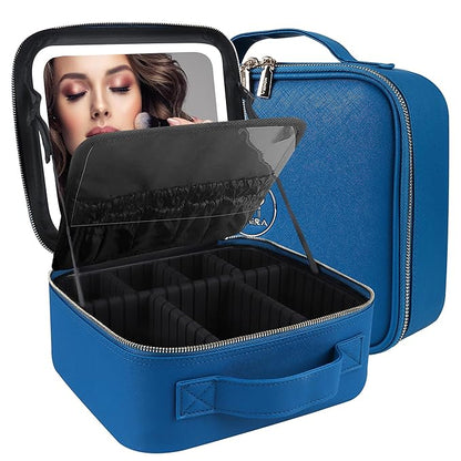 MOMIRA Travel Makeup Bag Cosmetic Bag Makeup Organizer Bag with Lighted Mirror, Adjustable Brightness in 3 Color Scenarios, Waterproof Makeup Train Case, Gift for Women - Cyan Blue