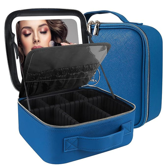 MOMIRA Travel Makeup Bag Cosmetic Bag Makeup Organizer Bag with Lighted Mirror, Adjustable Brightness in 3 Color Scenarios, Waterproof Makeup Train Case, Gift for Women - Cyan Blue