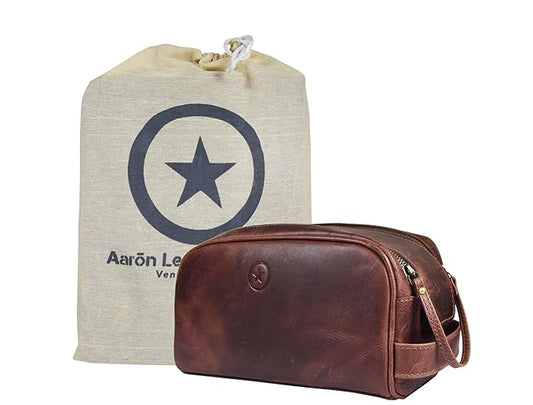 Leather Toiletry Bag for Men | Grooming Travel Kit | With Waterproof Lining | By Aaron Leather (Dark Brown)