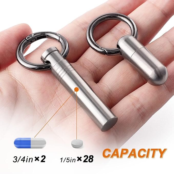 TISUR Small Keychain Pill Holder ，Titanium Metal Travel Pill Case Portable Pill Organizer Container for Purse Waterproof Keychain Pill Holder Medicine Bottle