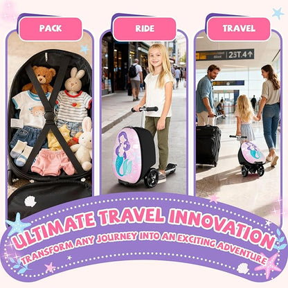 Scooter Suitcase for Kids, 2 in 1 Ride-on Luggage with Flash PU Wheels, Adjustable Handle & TPR Non-Slip Grip, Foldable & Lightweight, Ages 5-12