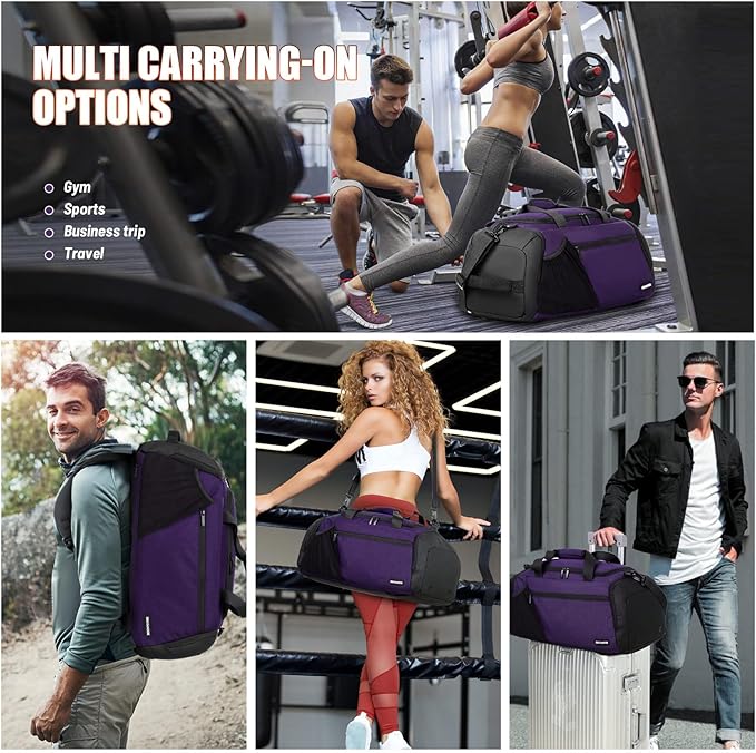 Gym Bags for Men Women 40L Large Gym Backpack Multiple Pockets Sport Duffle Bags with Shoe & Wet Compartment for Workout Travel Weekend Overnight Purple