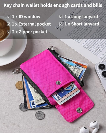 Minimalist Wallet For Mens Womens, Keychain RFID Blocking Zipper Small Wallet with ID Window 2 Lanyards,Water Resistant Travel Cash Card Coin Case Boys Girls