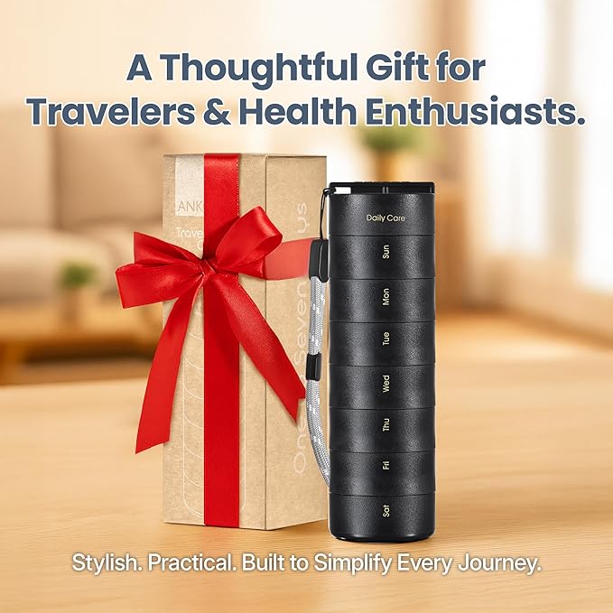 Ankomn - 7 Day Travel Pill Organizer. IPX7 Rating Waterproof, Airtight & Portable Pill Case for Vitamins. Durable Weekly Supplement Case with Stackable Compartments for Outdoor Use - Black