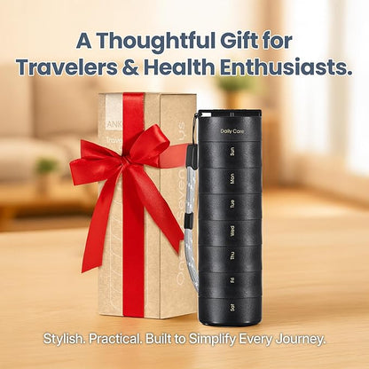 Ankomn - 7 Day Travel Pill Organizer. IPX7 Rating Waterproof, Airtight & Portable Pill Case for Vitamins. Durable Weekly Supplement Case with Stackable Compartments for Outdoor Use - Black