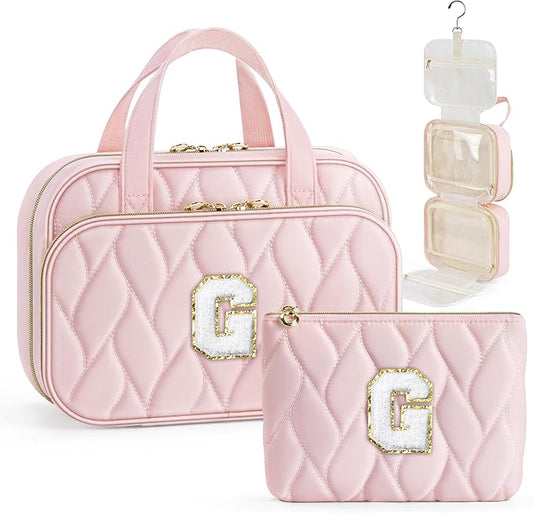 YOOLIFE Graduation Gifts for Her - Hanging Toiletry Bag for Women, Travel Toiletry Bag Makeup Bag, Personalized Travel Essentials for Women - Letter G Pink