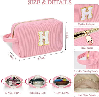 Personalized Initial Makeup Bag Trendy Stuff Corduroy Cosmetic Bag Travel Toiletry Bag for Women, Christmas/Thanksgiving/Halloween Gifts Makeup Organizer Case for Teen Girls Mom Girlfriend Wife - Pink