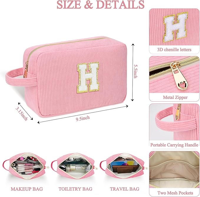 Personalized Initial Makeup Bag Trendy Stuff Corduroy Cosmetic Bag Travel Toiletry Bag for Women, Christmas/Thanksgiving/Halloween Gifts Makeup Organizer Case for Teen Girls Mom Girlfriend Wife - Pink