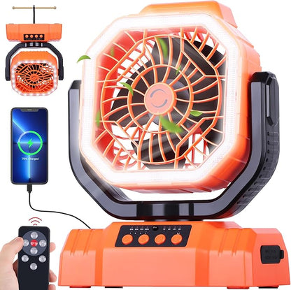 AVV 20000mAh High Speed Portable Camping Rechargeable Fan with Remote Control, Battery Powered with Auto Oscillating with Camping Essentials Accessories for Outdoor, Beach, Patio, Tent, Orange