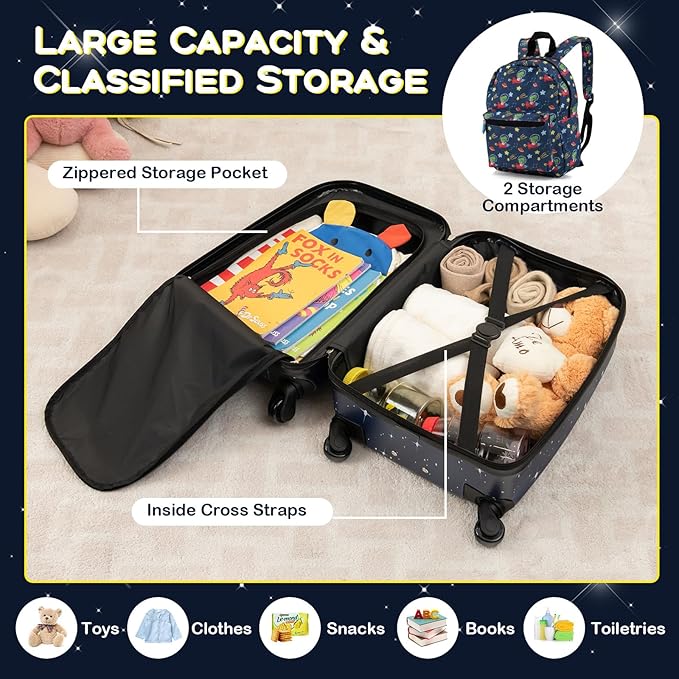 BABY JOY Kids Luggage, 5 Pieces Luggage Set w/ 16" Carry-on Hardshell Spinner Toddler Suitcase, 13" Backpack, Neck Pillow & Insulated Lunch Bag, Travel Kids Rolling Suitcase for Boys (Navy Astronauts)