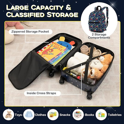 BABY JOY Kids Luggage, 5 Pieces Luggage Set w/ 16" Carry-on Hardshell Spinner Toddler Suitcase, 13" Backpack, Neck Pillow & Insulated Lunch Bag, Travel Kids Rolling Suitcase for Boys (Navy Astronauts)