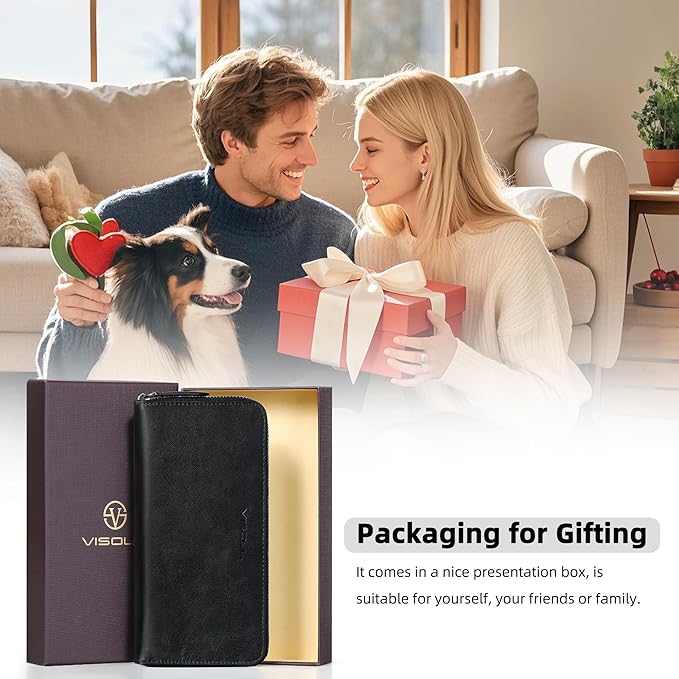 VISOUL Leather Long Zipper Pouch Wallet for Men and Women with RFID Blocking, Large Clutch Cash Long Wallet with Zipper (Black)