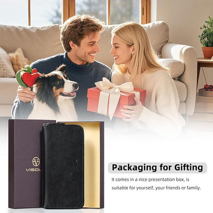 VISOUL Leather Long Zipper Pouch Wallet for Men and Women with RFID Blocking, Large Clutch Cash Long Wallet with Zipper (Black)