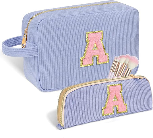 Personalized Initial Makeup Bag Trendy Stuff Corduroy Cosmetic Bag Travel Toiletry Bag, Christmas/Thanksgiving/Halloween Gifts Makeup Organizer Case for Women Girls Mom Girlfriend Wife - Blue