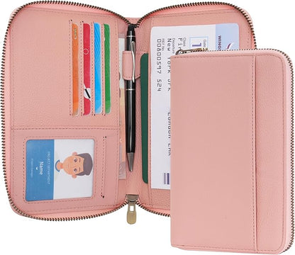 WASON Leather Zipper Travel Passport Wallet Holder RFID Blocking Cover, Passport case Pocket Slot for Card, Cash, ID, Boarding Pass and Ticket for Men, Women and Family Trips (Pink)