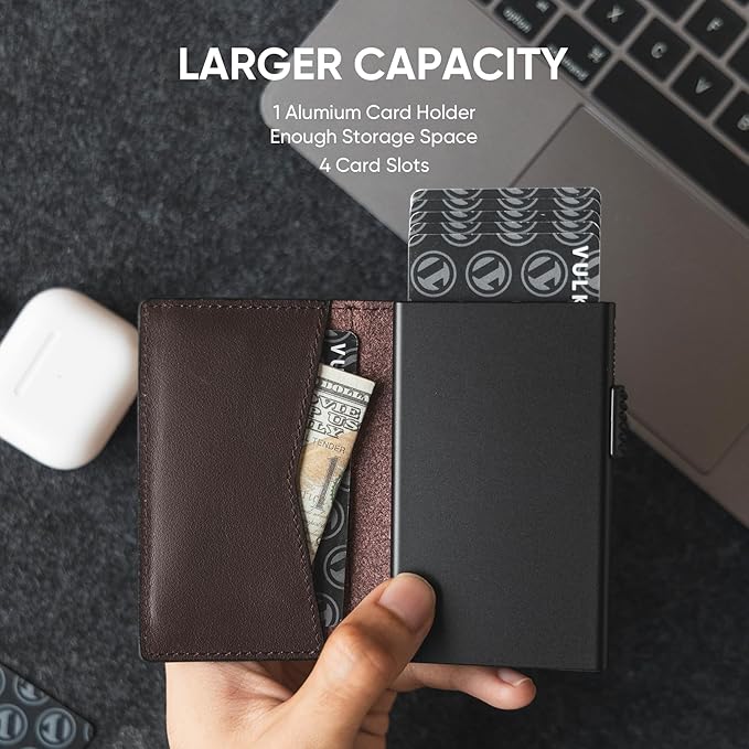 VULKIT Men's Slim Wallet Pop Up Card Holder RFID Blocking Metal Wallet Minimalist Design Holds Up to 11 Cards, Nappa Leather