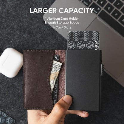 VULKIT Men's Slim Wallet Pop Up Card Holder RFID Blocking Metal Wallet Minimalist Design Holds Up to 11 Cards, Nappa Leather