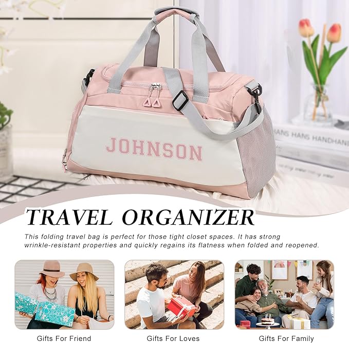 Personalized Duffel Bag Custom Sport Gym Travel Bags Embroidered Name Text Customized Dry Wet Separated Weekend Waterproof Bag for Women Men (A-Pink)
