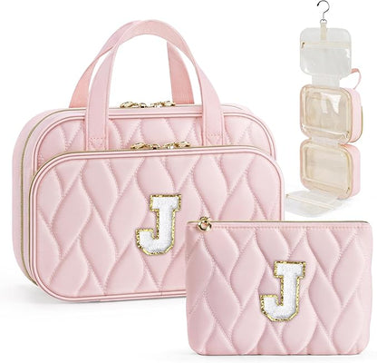 YOOLIFE Travel Toiletry Bag Makeup Bag - Hanging Toiletry Bag for Women, Portable Toiletries Travel Bag and Cosmetic Bag, Airplane Travel Essentials Travel Toiletry Bag - Letter J, Pink