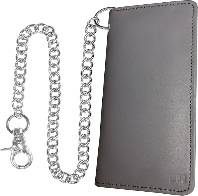 CLASSIC Motorcycle Chain Wallet for Men – Premium Cowhide Leather, RFID Bi-Fold Biker Wallet with Heavy Duty Chain for Bikers Truckers & Hunters, Credit Card Money Organizer Long Wallet Aniline Grey