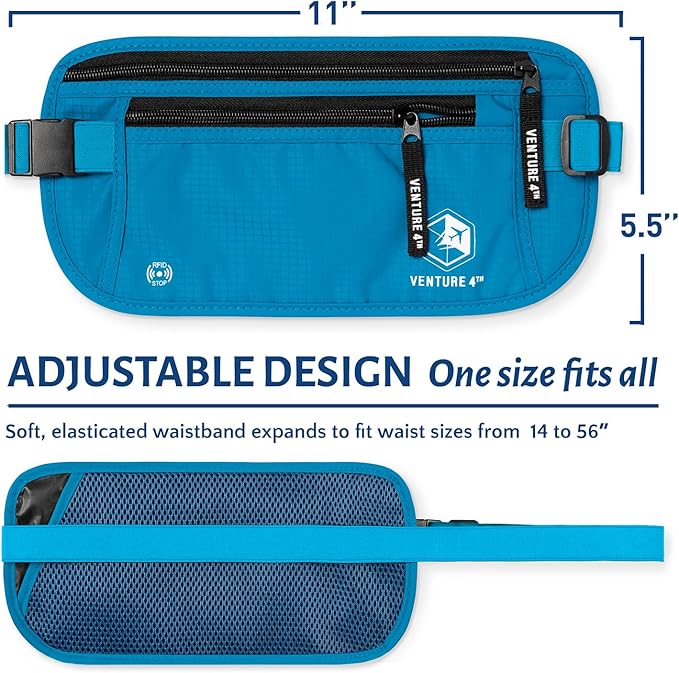 VENTURE 4TH Travel Money Belt - Slim Passport Holder RFID Blocking Travel Pouch to Protect Cash, Credit Cards and Travel Documents (Blue)