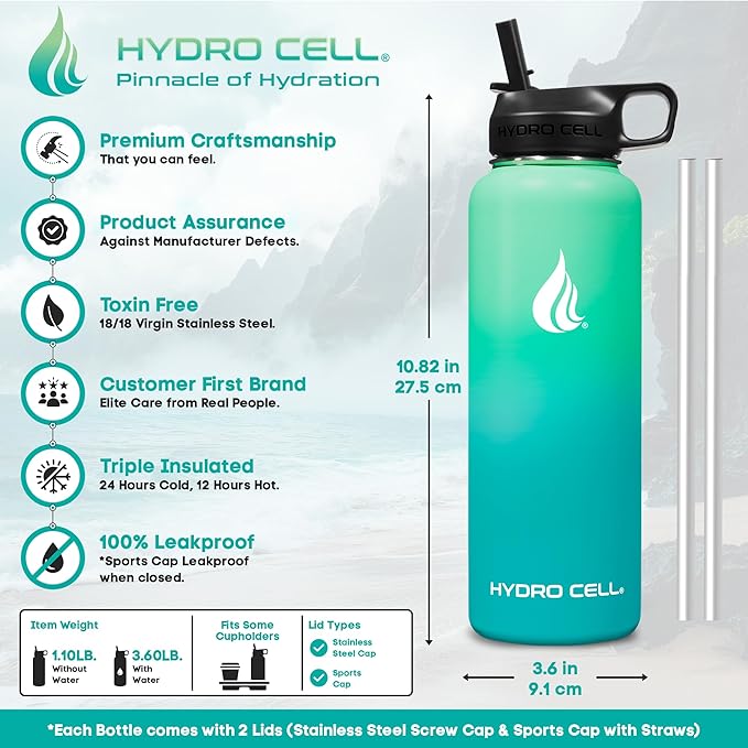 HYDRO CELL Stainless Steel Insulated Water Bottle with Straw - For Cold & Hot Drinks - Metal Vacuum Flask with Screw Cap and Modern Leakproof Sport Thermos for Adults (Mint/Green 40oz)