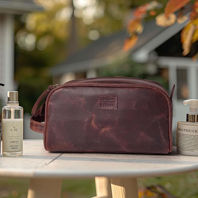 LEATHER VILLAGE Premium Leather Toiletry Travel Pouch With Waterproof Lining - Mulberry Brown | King-Size Handcrafted Vintage Dopp Kit Bag, Shaving & Bathroom Organizer, Gift for Men & Women