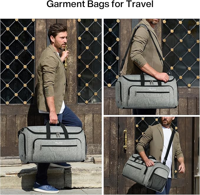MILADA Convertible 2-in-1 Garment Duffel Weekender Bag Carry On Garment Bags for Travel Hanging Clothes Suit Bag Foldable Personal Item Business Overnight Bag with Shoe Compartment, Light Grey