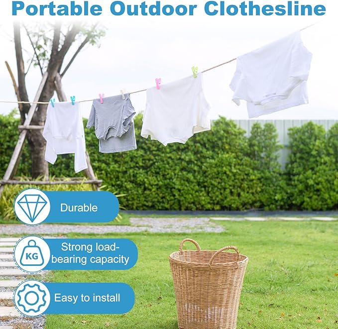 uxcell 2 Pcs Portable Travel Clothesline, 16.4ft Clothes Line Outdoors Travel Hanger Foldable Clothesline Rope with Hooks for Camping Hotel Backyard Home Cruise Ship, Orange