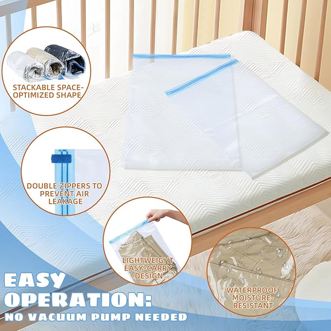 12PK Pump-Free Compression Vacuum Bags for Travel, Roll-up Space Saver Storage Bags for Clothes (6 Large 16''x24'' + 6 Small 14''x 20'') Travel Essentials & Organizers