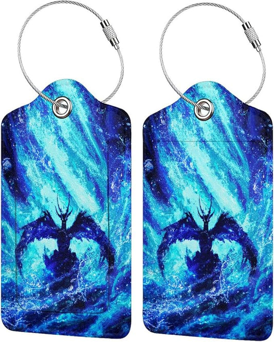 Set of 2 Dragon Luggage Tags for Suitcases Travel, Cool Blue Bag Tags for Luggage Backpack with Privacy Cover Id Label, Stainless Steel Loop and Address Card