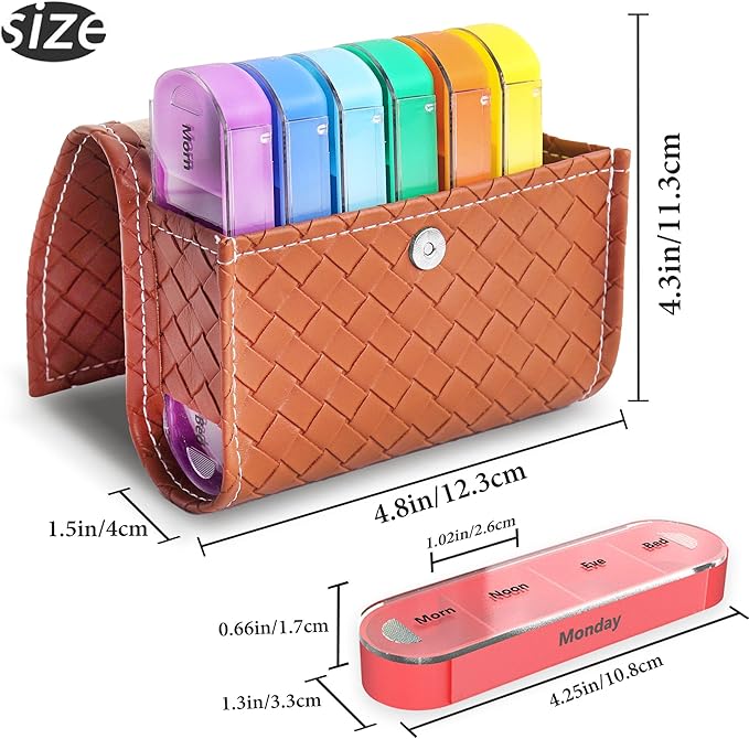 Pill Organizer,LIZIMANDU Weekly Travel Pill Case Box Medication Reminder Daily AM PM, Day Night 7 Compartments,for 4 Times A Day, 7 Days a Week-Includes Leather PU Carrying Case (1-Weave Brown)