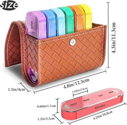 Pill Organizer,LIZIMANDU Weekly Travel Pill Case Box Medication Reminder Daily AM PM, Day Night 7 Compartments,for 4 Times A Day, 7 Days a Week-Includes Leather PU Carrying Case (1-Weave Brown)