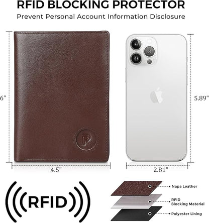 Polare Luxury RFID Blocking Leather Passport Holder Travel Wallet For Men and Women (Coffee with AirTag Slot)