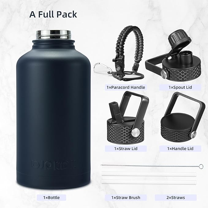 BJPKPK Half Gallon Insulated Water Bottles with Straw Lid, 64oz Large Water Jug, Stainless Steel Bottles with 3 Lids and Paracord Handle, Thermo for Hot & Cold Liquid, Navy Blue