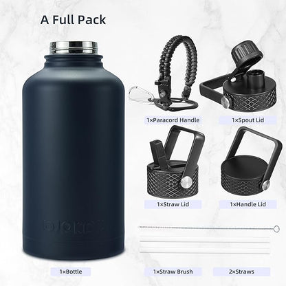 BJPKPK Half Gallon Insulated Water Bottles with Straw Lid, 64oz Large Water Jug, Stainless Steel Bottles with 3 Lids and Paracord Handle, Thermo for Hot & Cold Liquid, Navy Blue