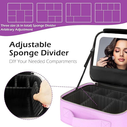 MOMIRA Travel Makeup Bag Cosmetic Bag Makeup Organizer Bag with Lighted Mirror, Adjustable Brightness in 3 Color Scenarios, Waterproof Makeup Train Case, Gift for Women - Purple