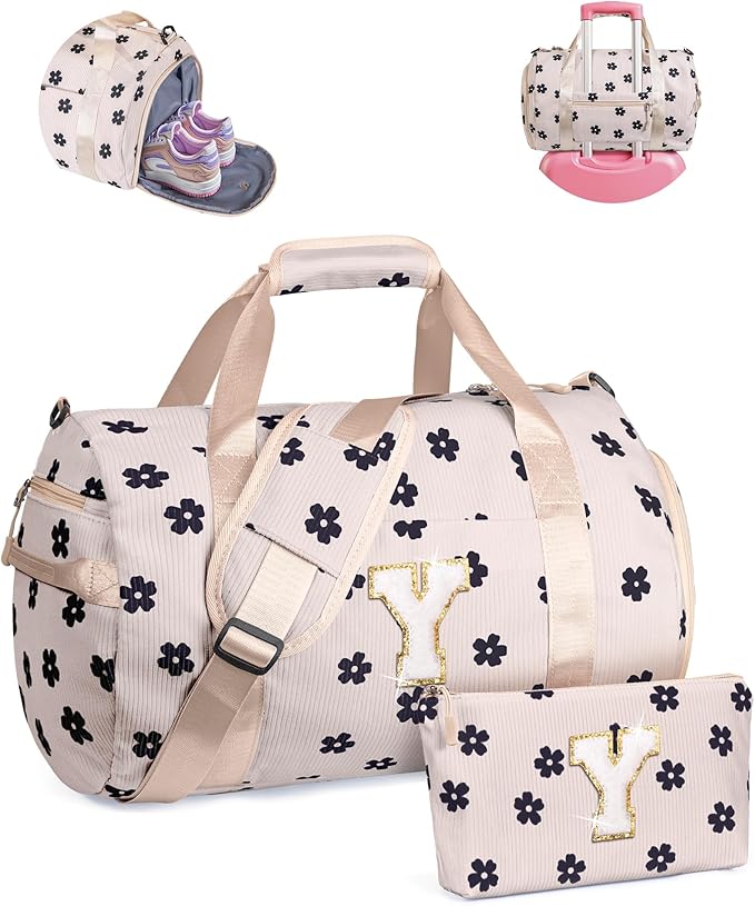 Trip Essentials for Teenager, Girls Gym Bag, Kids Personalized Overnight Duffel Bags with Shoe Compartment, Customized Travel Tote with Toiletry Bag, Christmas Thanksgiving Gift (Letter Y)